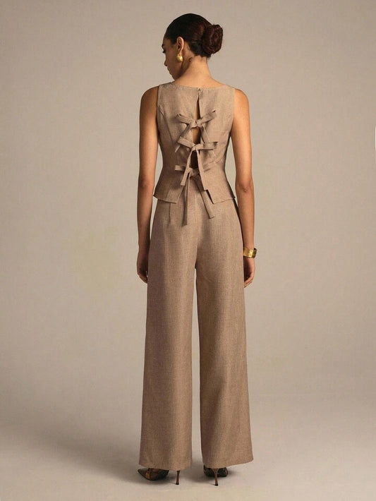 CM-SS731125 Women Elegant Seoul Style Sleeveless Bow Tie Hollow Out Camisole With Straight Leg Pants - Set