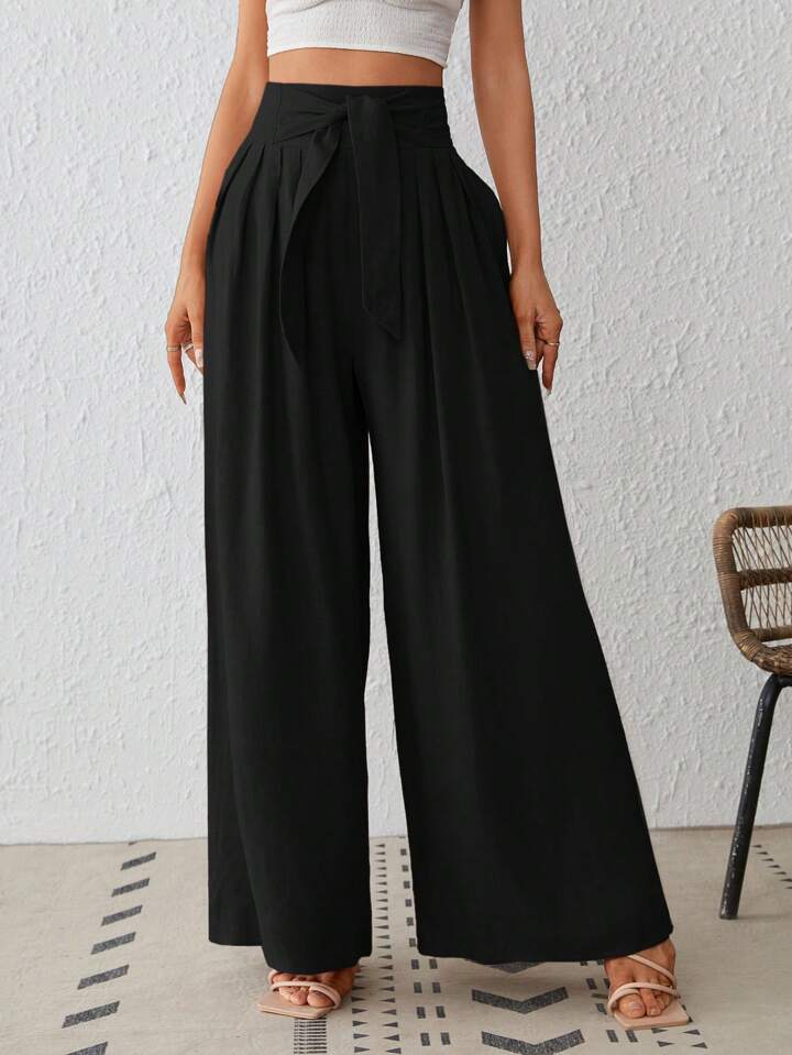 CM-BS134677 Women Trendy Bohemian Style Pleated Woven Wide-Leg Pants - Black