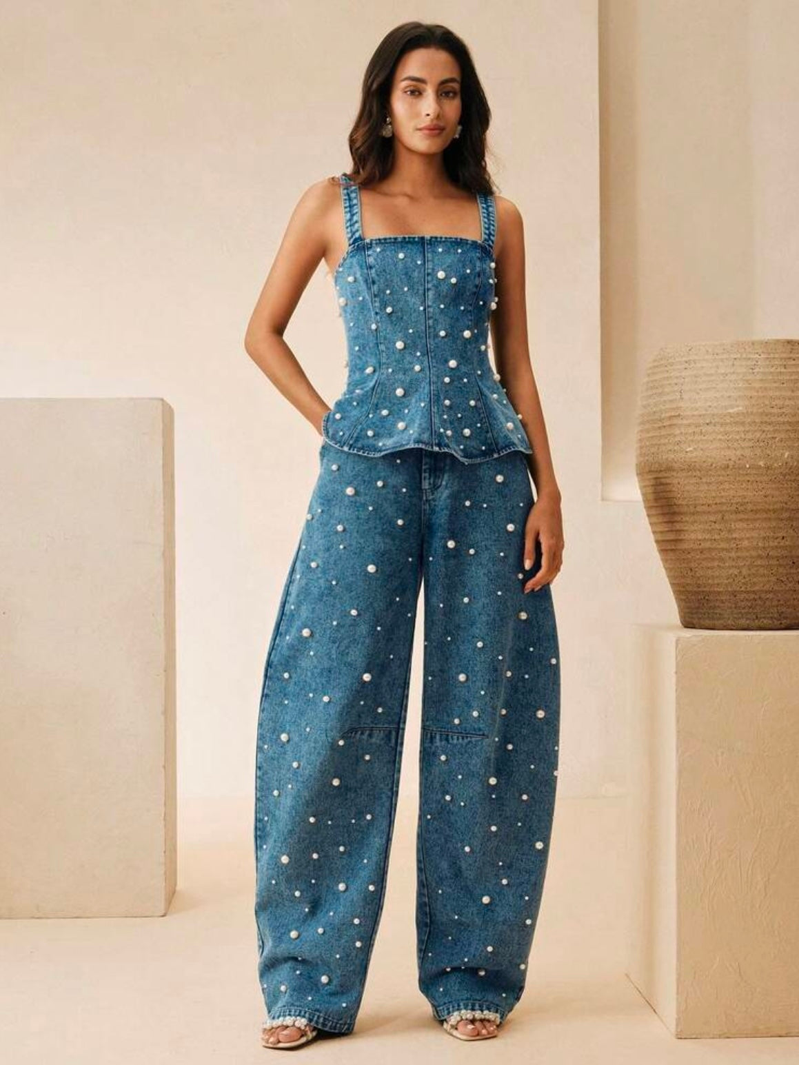 CM-SS900958 Women Elegant Seoul Style Pearl Beaded Ruffle Denim Camisole Top With High-Waisted Curved Jeans - Set
