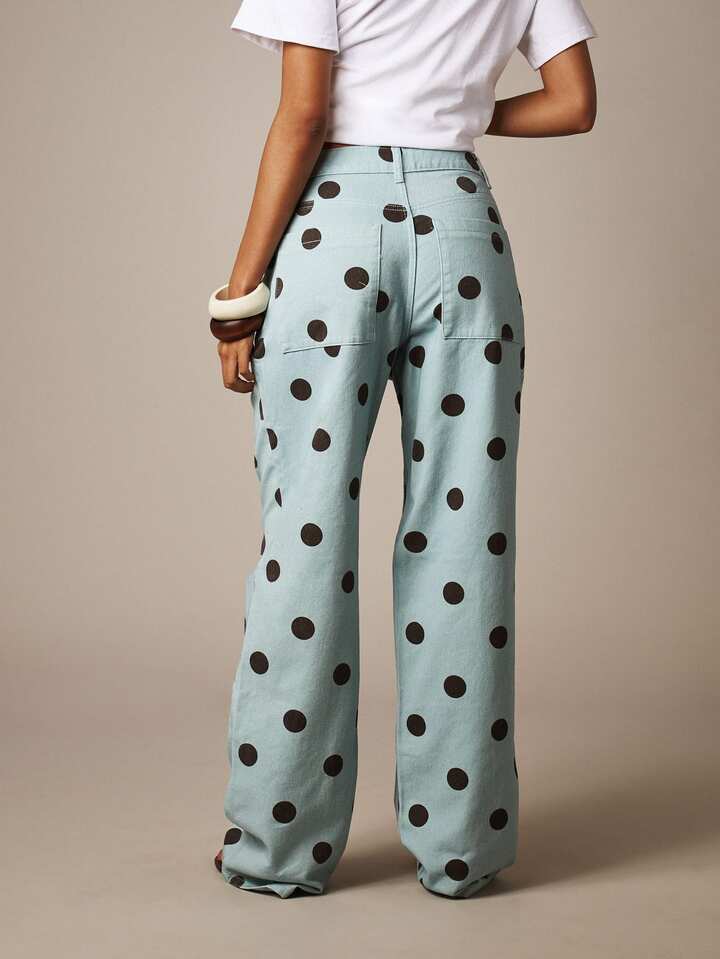 CM-BS518417 Women Casual Seoul Style Low Waist Polka Dot Print Straight Leg Jeans - Light Blue