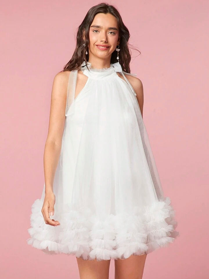CM-DS020664 Women Elegant Seoul Style Multi-Layered Mesh Halter Neck Dress - White