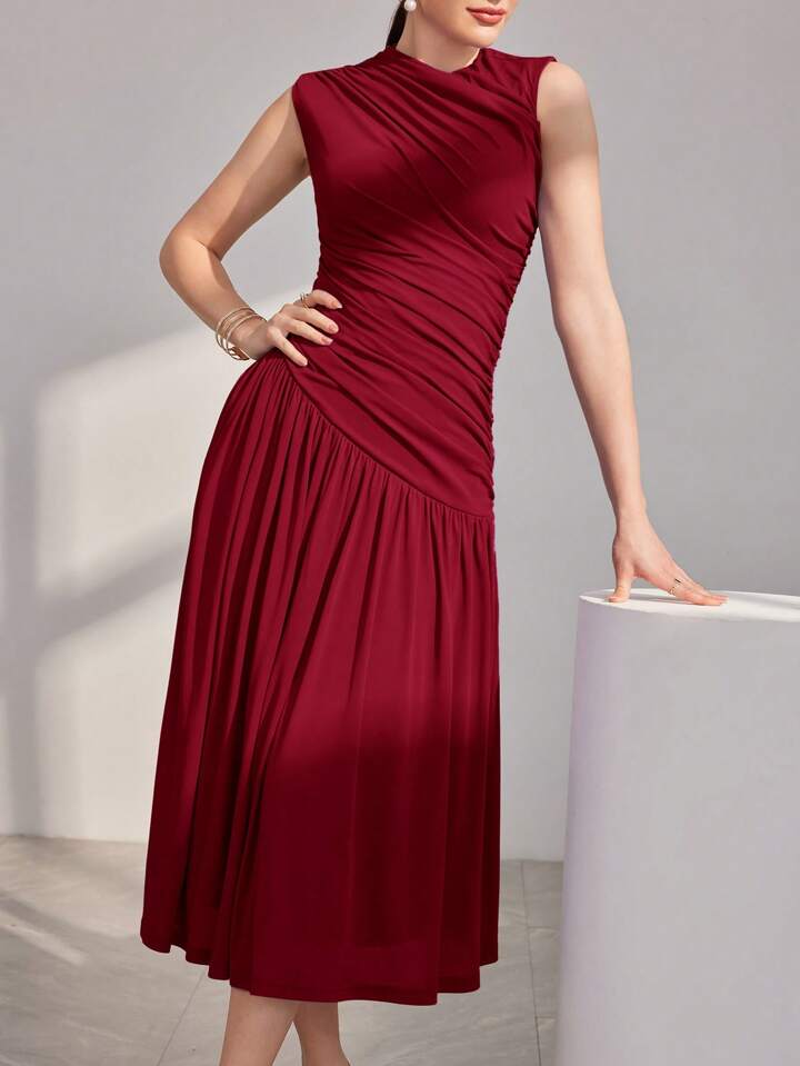CM-DS858894 Women Elegant Seoul Style Stand Collar Pleated Sleeveless Dress - Burgundy