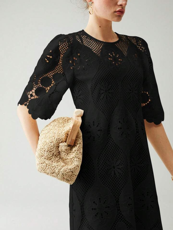 CM-DS636852 Women Elegant Seoul Style Round Neck Half Sleeve Lace Overlay Dress - Black