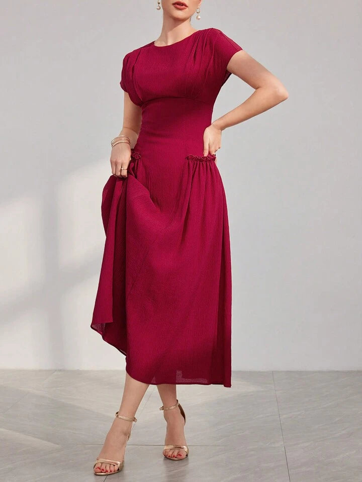 CM-DS200687 Women Elegant Seoul Style Batwing Sleeve Waist Cinched Dress - Burgundy