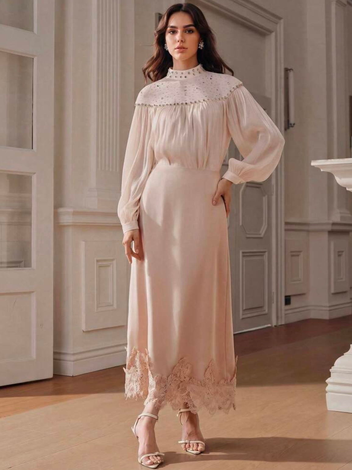 CM-TS800028 Women Elegant Seoul Style Rhinestone Embellished Mesh Patchwork Long Sleeve Glossy Loose Fit Top - Apricot