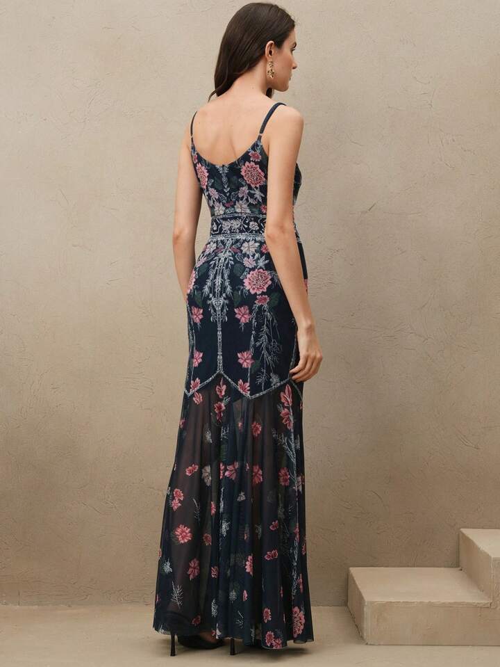 CM-DS054696 Women Elegant Seoul Style Floral Splice Printed V-Neck Sleeveless Mermaid Hem Dress - Blue