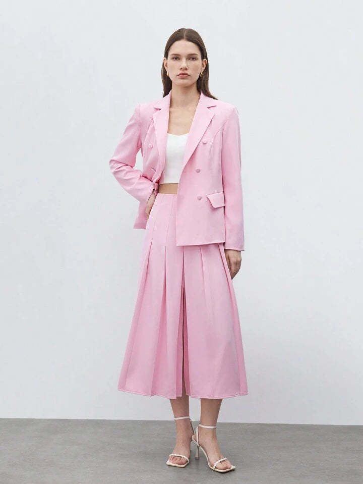 CM-SS175609 Women Elegant Seoul Style Patch Pocket Long Sleeve Blazer With Pleated Midi Skirt - Set