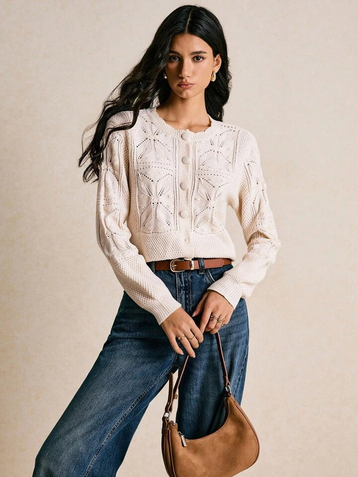 CM-CS434479 Women Casual Seoul Style Round Neck Long Sleeve Hollow Out Button Front Loose Knitted Cardigan