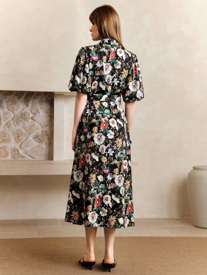CM-DS232225 Women Casual Seoul Style Floral Print Elastic Waist Ruched Puff Sleeve Belted Midi Dress - Black