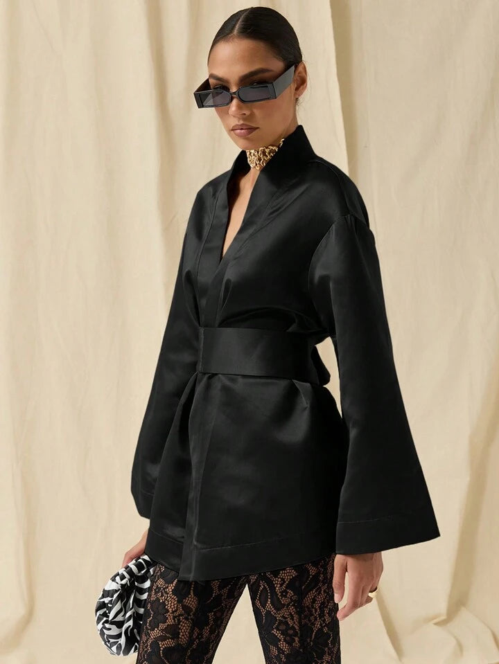 CM-DS774542 Women Elegant Seoul Style Solid Color Deep V-Neck Bell Sleeve Mini Dress - Black