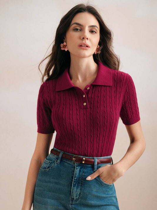 CM-TS647963 Women Casual Seoul Style Polo Collar Short Sleeve Cable Knit Solid Color Top - Burgundy