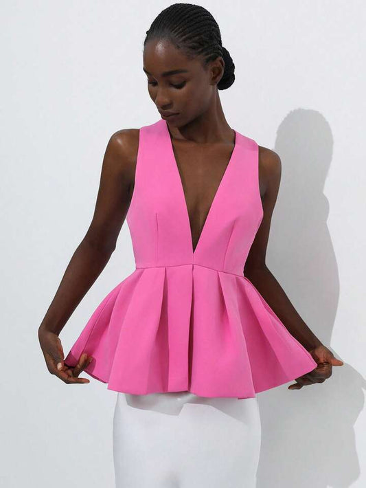 CM-TS254932 Women Elegant Seoul Style Deep V-NeckSleeveless Ruffle Hem Design Blouse - Hot Pink