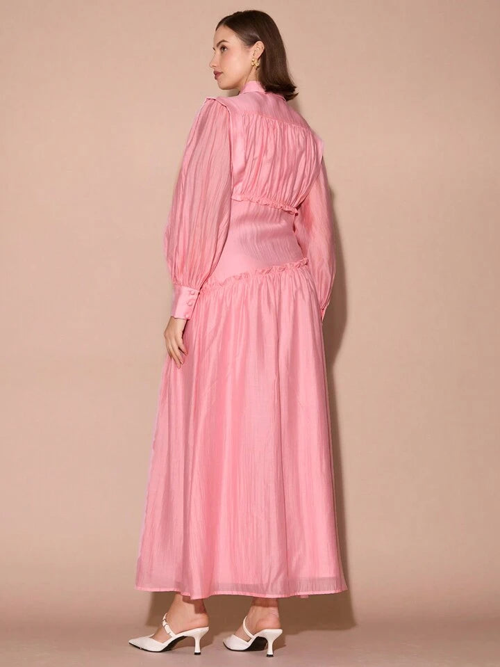 CM-DS410178 Women Elegant Seoul Style Collar Neckline Front Button Lantern Long Sleeve Gathered Maxi Dress