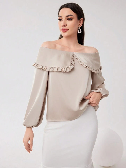 CM-TS399262 Women Elegant Seoul Style Off the Shoulder Long Sleeve Blouse - Apricot