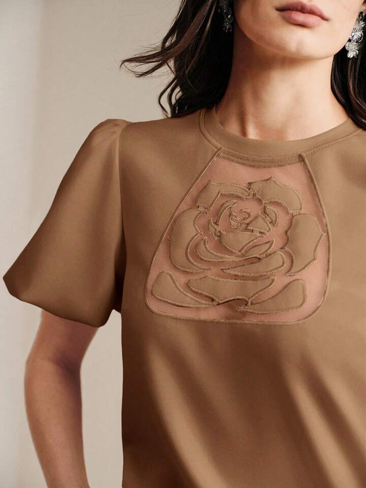 CM-TS128483 Women Elegant Seoul Style Embroidered Rose Round Neck Short Puff Sleeve T-Shirt - Coffee Brown