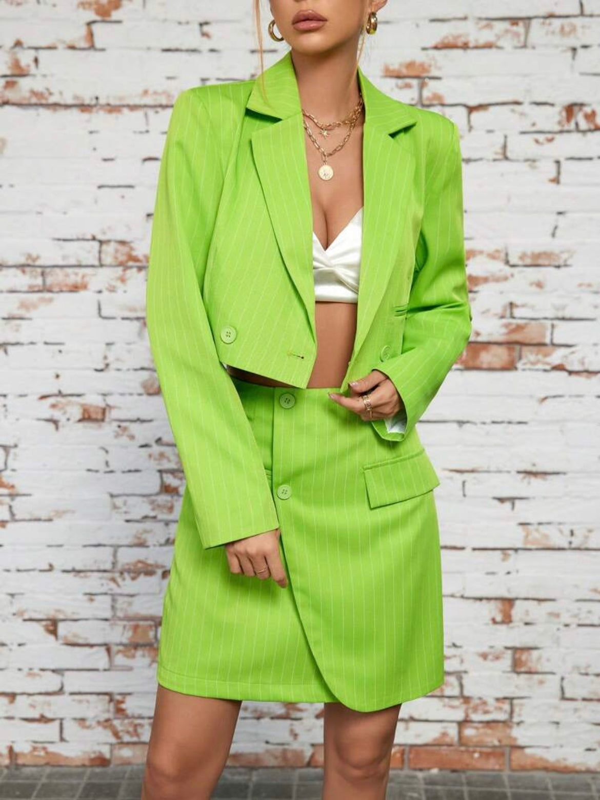 CM-SS429526 Women Elegant Seoul Style Stripe Cropped Jacket With Wrapped Skirt Suit - Green