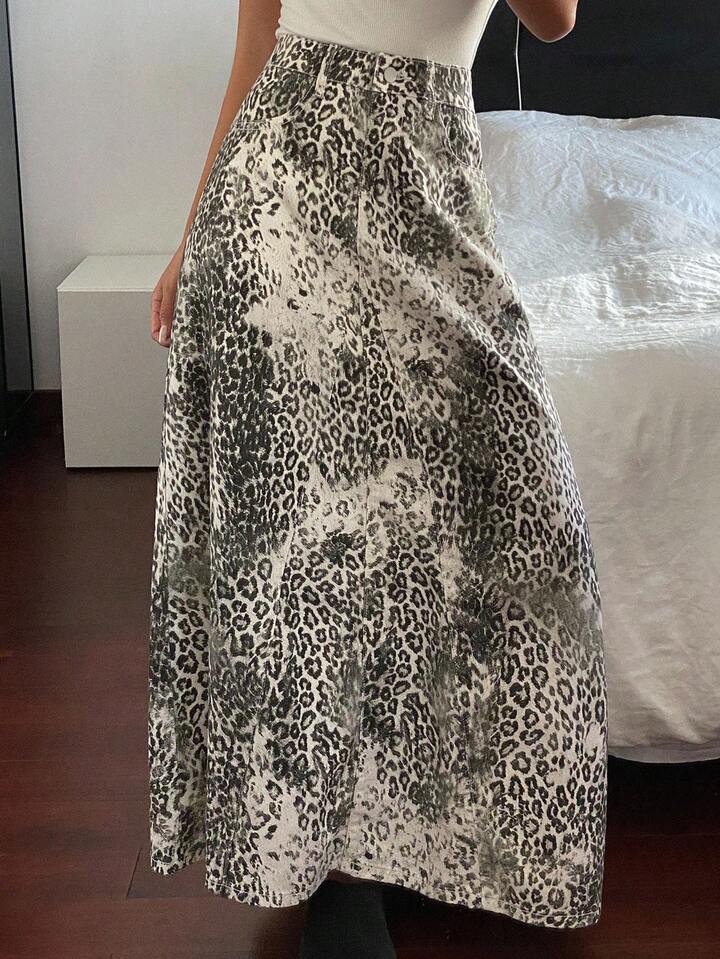 CM-BS822552 Women Casual Seoul Style Leopard Print Mid Waist A-Line Maxi Denim Skirt