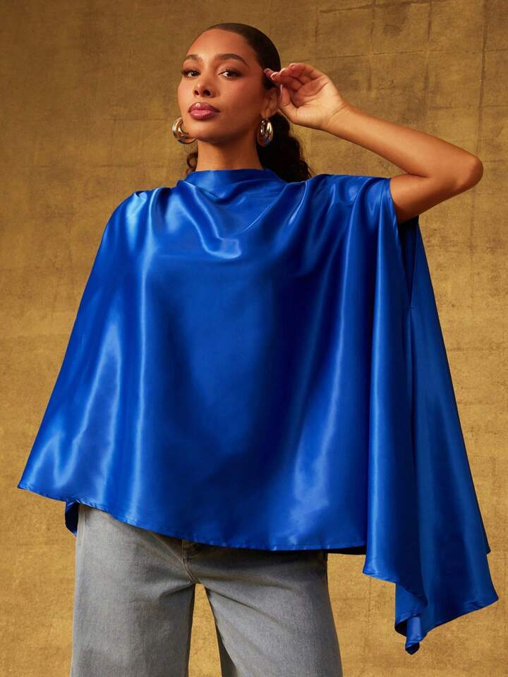 CM-TS529165 Women Elegant Seoul Style Stand Collar Sleeveless Satin Draped Asymmetrical Hem Cape Top - Blue
