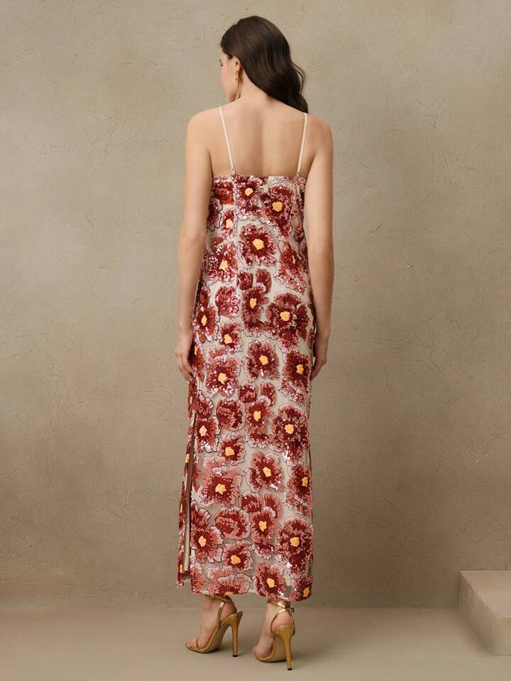 CM-DS772966 Women Elegant Seoul Style Handmade Bead Embroidered Floral Decor Backless Dress - Orange