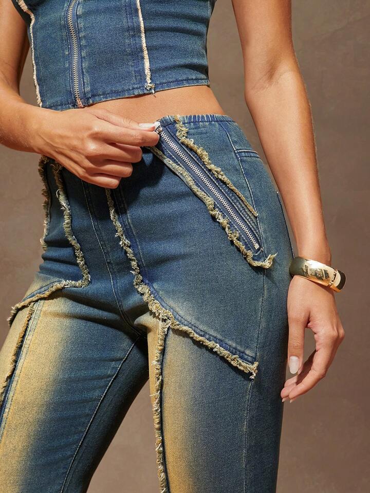 CM-BS868058 Women Casual Seoul Style Medium Wash Patchwork Fringed Zipper Design Straight-Leg Jeans