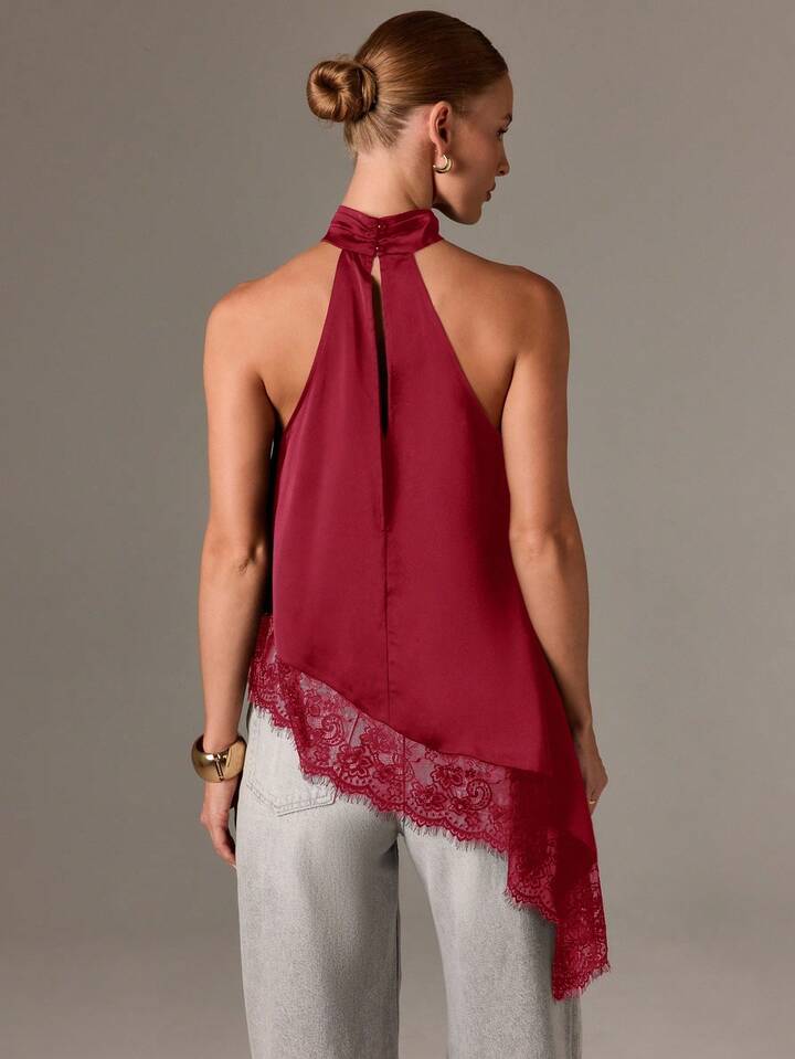 CM-TS403313 Women Elegant Seoul Style Asymmetrical High Neck Halter Top Lace Sleeveless Blouse - Burgundy