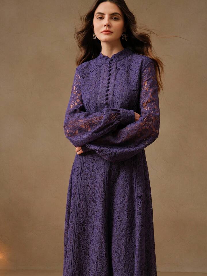 CM-DS393199 Women Elegant Seoul Style Lace Mandarin Collar Long Sleeve A-Line Dress - Purple