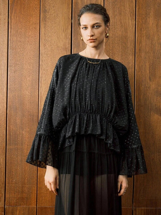 CM-TS538131 Women Elegant Seoul Style Polka Dot Chiffon Jacquard Drop Shoulder Waist Ruffle Design Hem Blouse