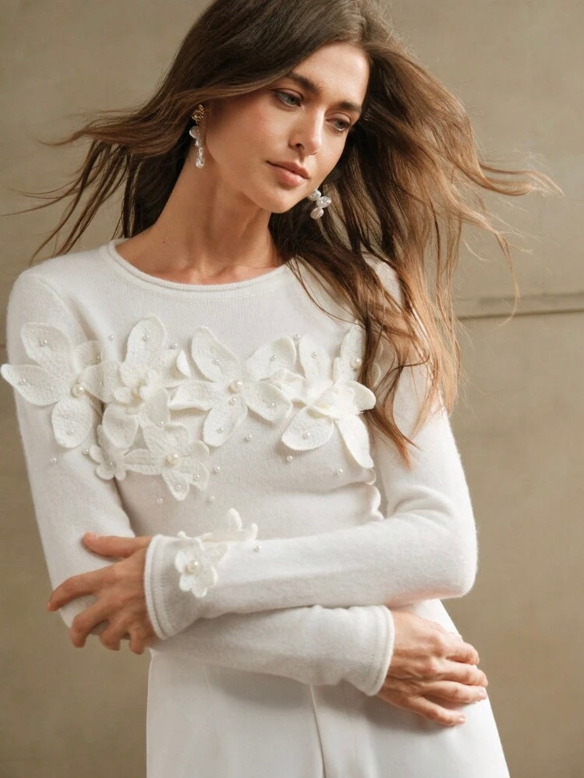 CM-TS124269 Women Elegant Seoul Style Crochet Floral Pearl Decor Crew Neck Layer Top - White