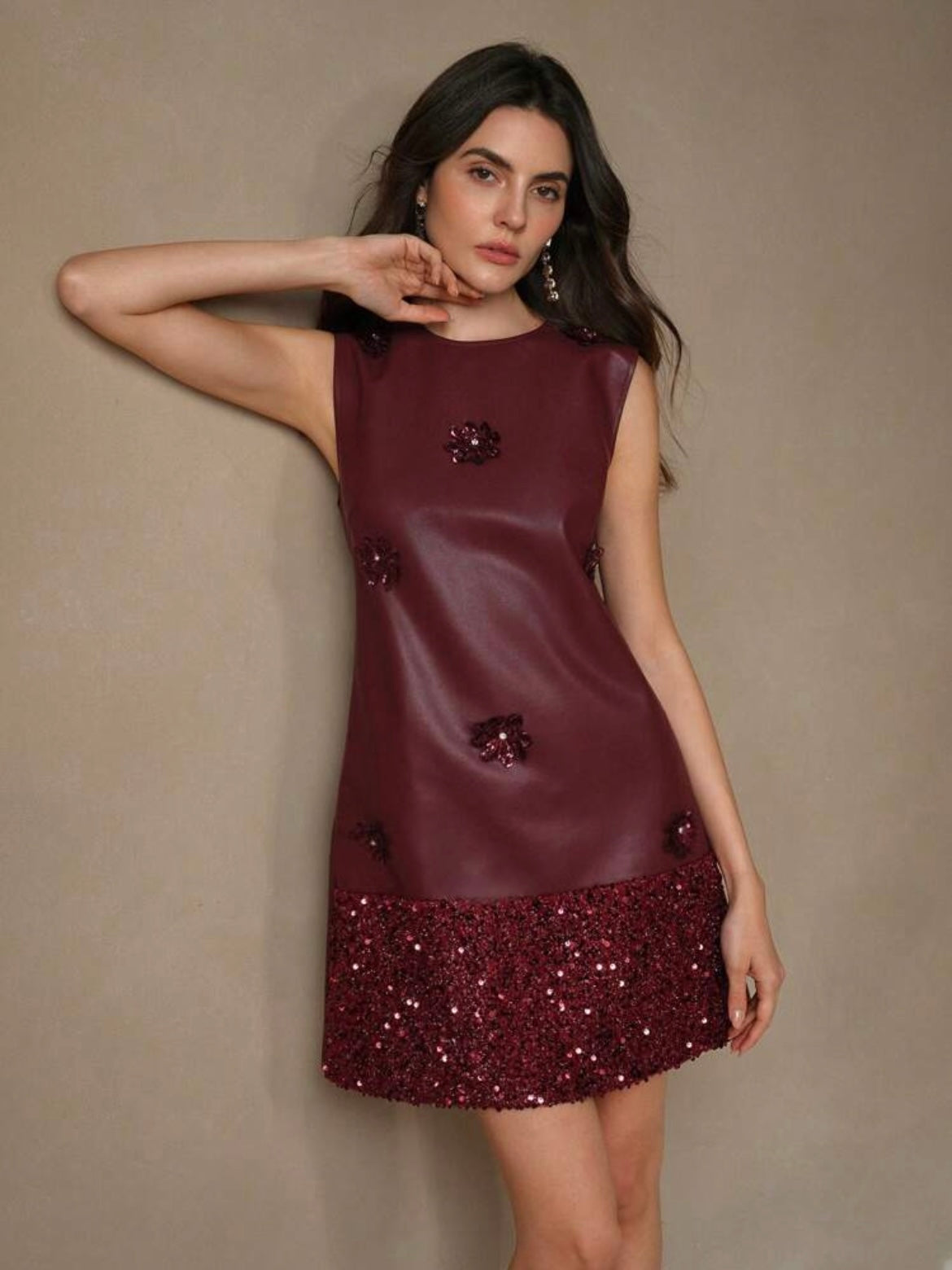 CM-DS187027 Women Elegant Seoul Style Sequin Panel Floral Lace Trim Round Neck Short PU Dress - Burgundy