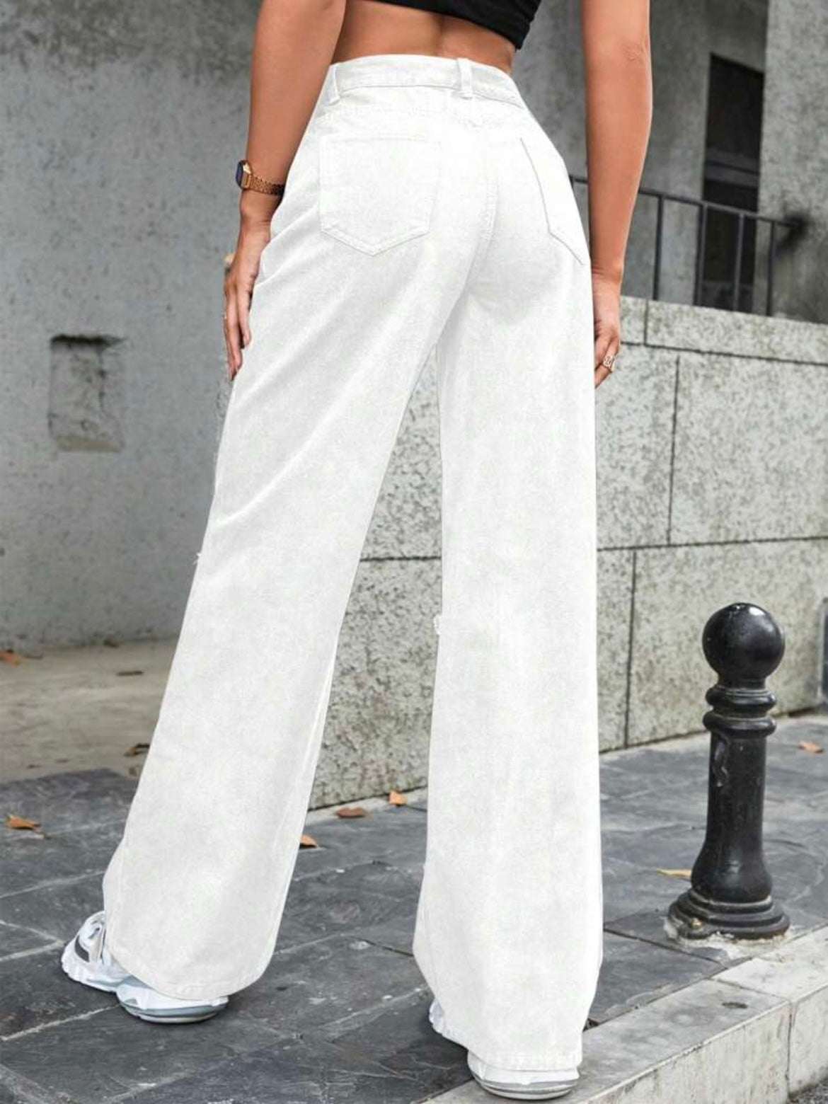 CM-BS488747 Women Casual Seoul Style High Waist Distressed Wide Leg Loose Denim Jeans - White