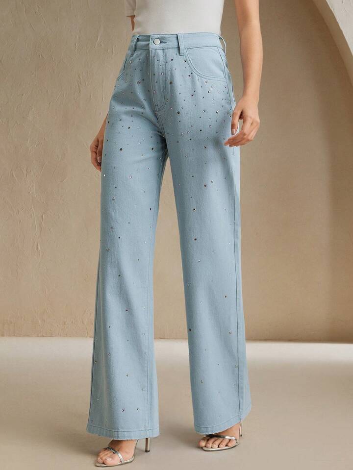 CM-BS558347 Women Casual Seoul Style Mid Waist Rhinestoned Decor Straight Leg Jeans - Blue
