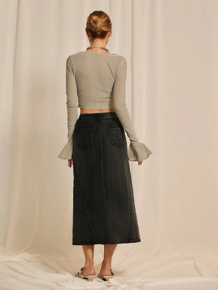 CM-BS350688 Women Casual Seoul Style Drop Waist A-Line Denim Skirt - Black
