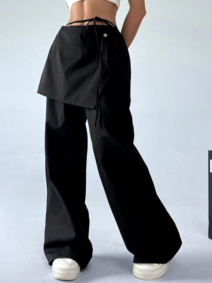 CM-BS536531 Women Casual Seoul Style Drop Waist 2 In 1 Skirt Wide Leg Pants - Black