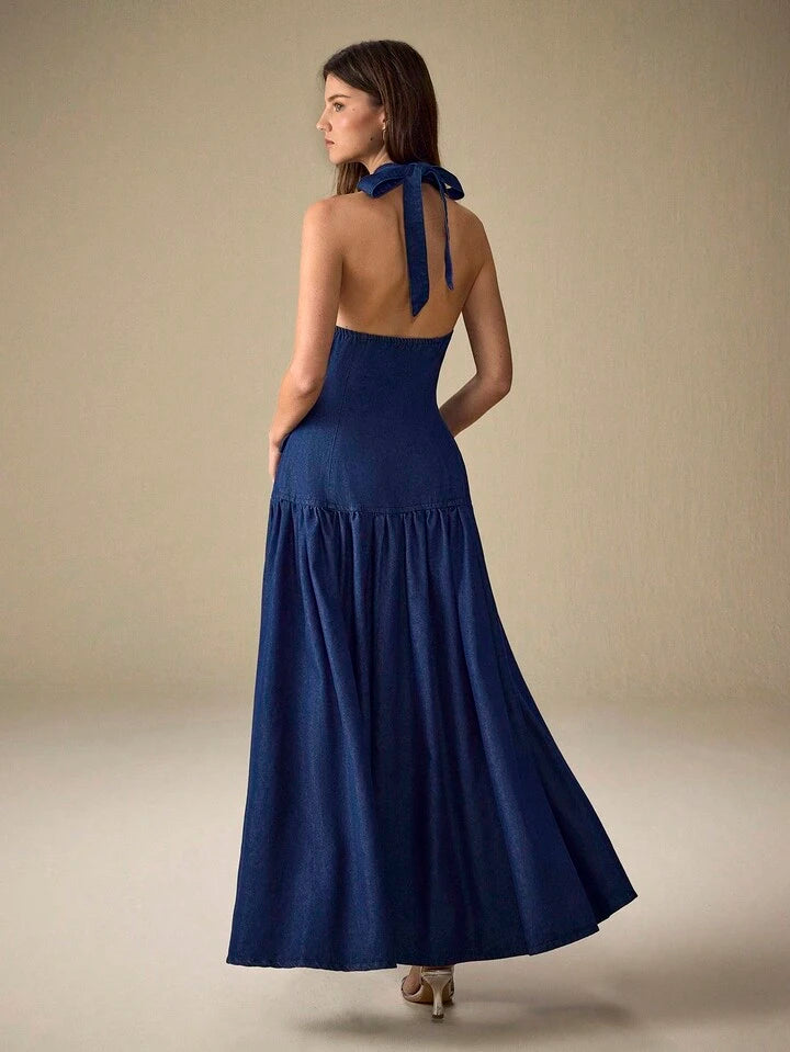 CM-DS379344 Women Elegant Seoul Style Halter Neckline Sleeveless Button Front Mid Waist Denim Dress - Blue