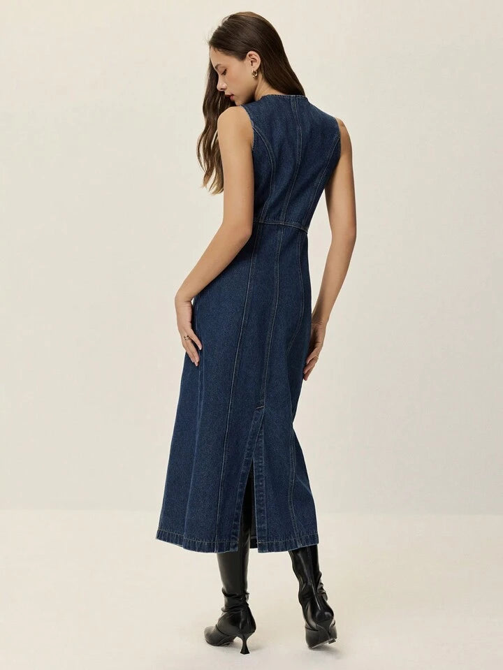 CM-BS846973 Women Casual Seoul Style Round Neck Front Button Sleeveless Midi Denim Dress