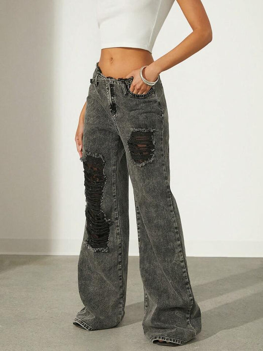 CM-BS049128 Women Casual Seoul Style Pocket Ripped Leg Loose Wide Leg Jeans - Light Gray