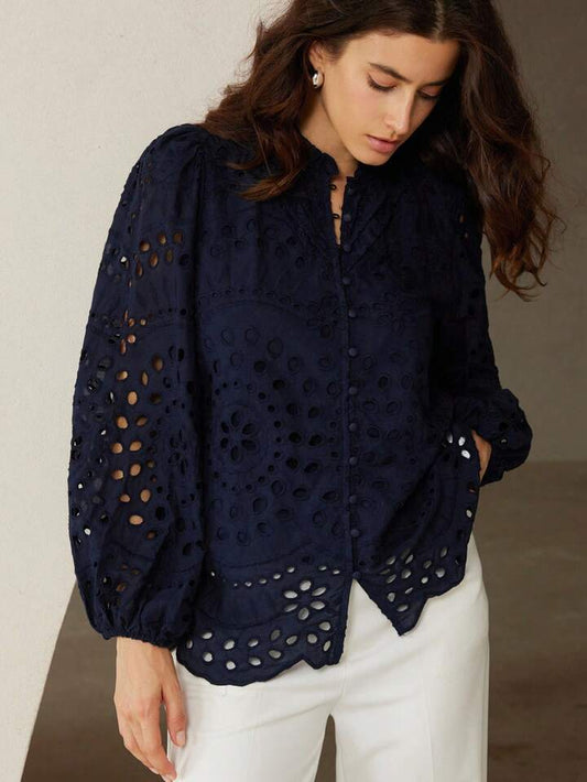 CM-TS724164 Women Trendy Bohemian Style Embroidered Hollow-Out Pleated Front Long Sleeve Blouse - Navy Blue