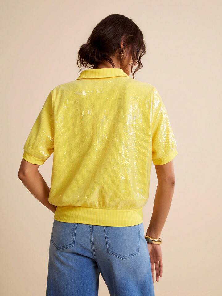 CM-TS980216 Women Elegant Seoul Style Semi-Sheer Sequin Collar Loose Short Sleeve Knit Top - Yellow