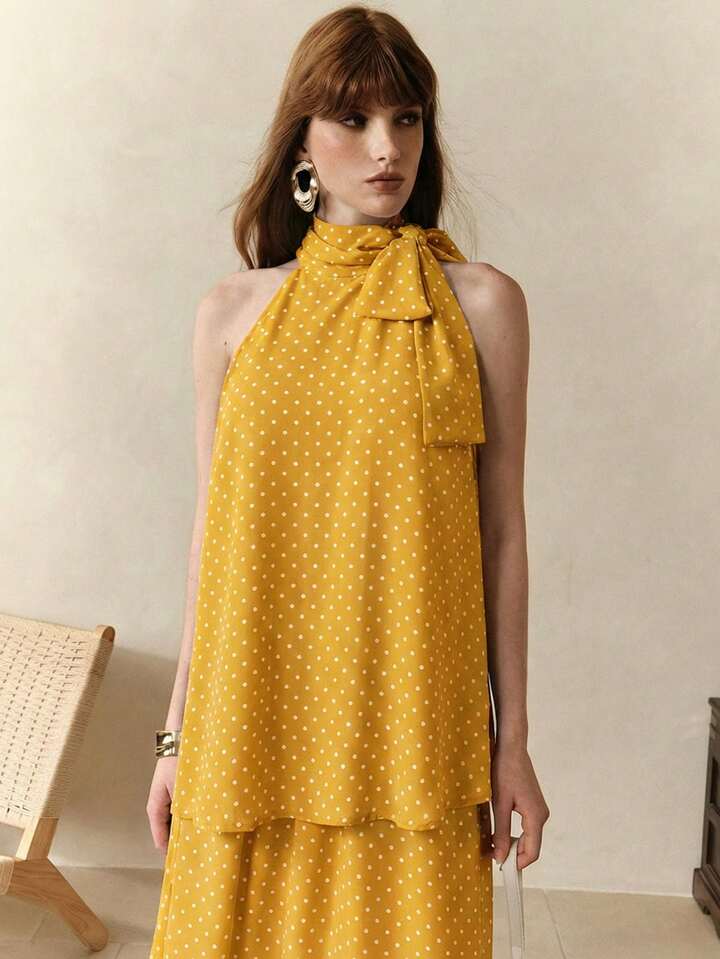 CM-SS174690 Women Trendy Bohemian Style Chiffon Polka Dot Print Sleeveless Halter Neck Top With Skirt - Set