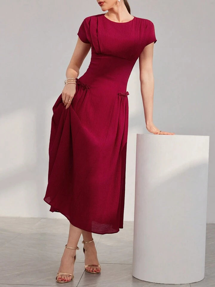 CM-DS200687 Women Elegant Seoul Style Batwing Sleeve Waist Cinched Dress - Burgundy