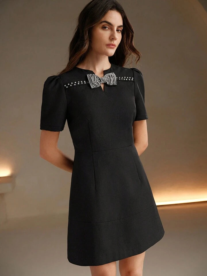 CM-DS157767 Women Elegant Seoul Style Rhinestone Bow Decor Short Sleeve A-Line Mini Dress - Black