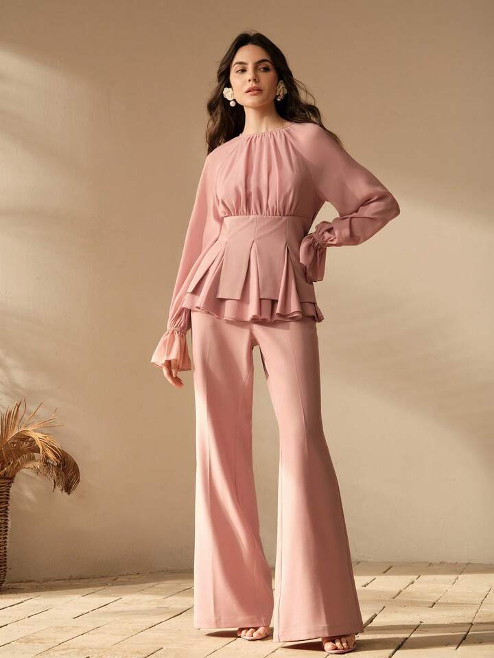 CM-SS484485 Women Elegant Seoul Style Round Neck Long Sleeve Chiffon Patchwork Blouse With Flared Leg Pants - Set