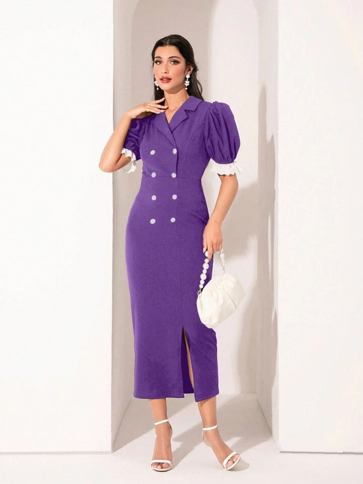 CM-DS068804 Women Elegant Seoul Style Lace Patchwork Double-Breasted Puff Sleeve Dress - Purple