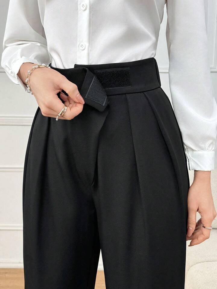 CM-BS390414 Women Elegant Seoul Style High Waist Plicated Detail Straight Leg Pants - Black