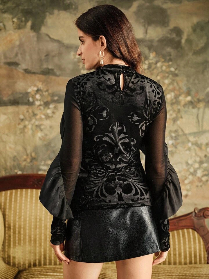 CM-TS838309 Women Elegant Seoul Style Round Neck Long Sleeve Ruffled Hem Layering Top - Black