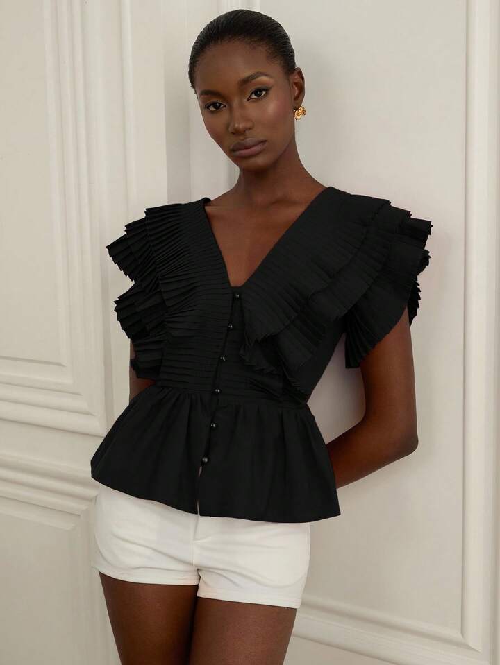 CM-TS444989 Women Elegant Seoul Style V-Neck Flounce Sleeve Multi-Layer Ruffle Pleated Blouse - Black