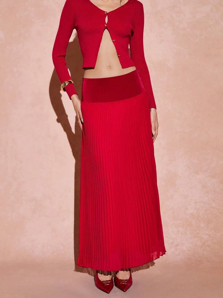 CM-BS418853 Women Elegant Seoul Style Plain Pleated A-Line Maxi Skirt - Burgundy