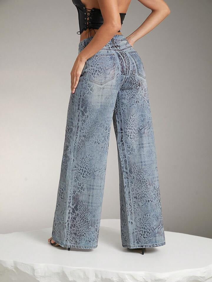 CM-BS802901 Women Casual Seoul Style Leopard Plaid Foil Print High Waist Wide Leg Denim Jeans