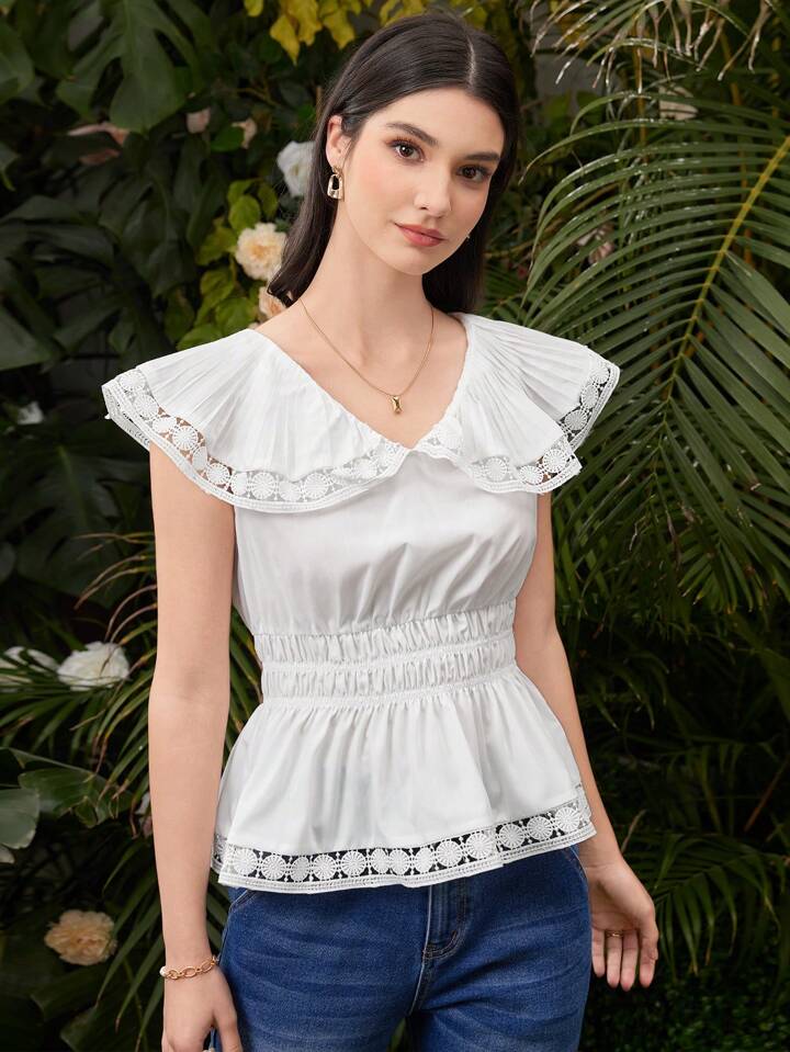 CM-TS505005 Women Casual Seoul Style Lace Patchwork Doll Collar Sleeveless Blouse - White