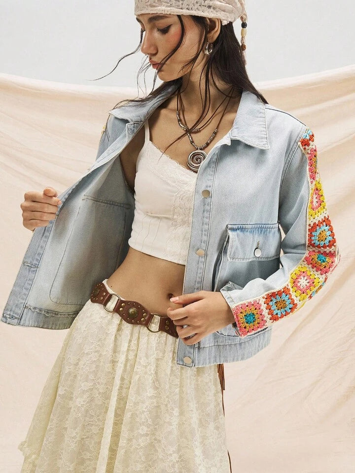 CM-CS335360 Women Casual Seoul Style Collar Neckline Stitching Multi-Color Sleeves Pattern Pattern Denim Jacket - Blue